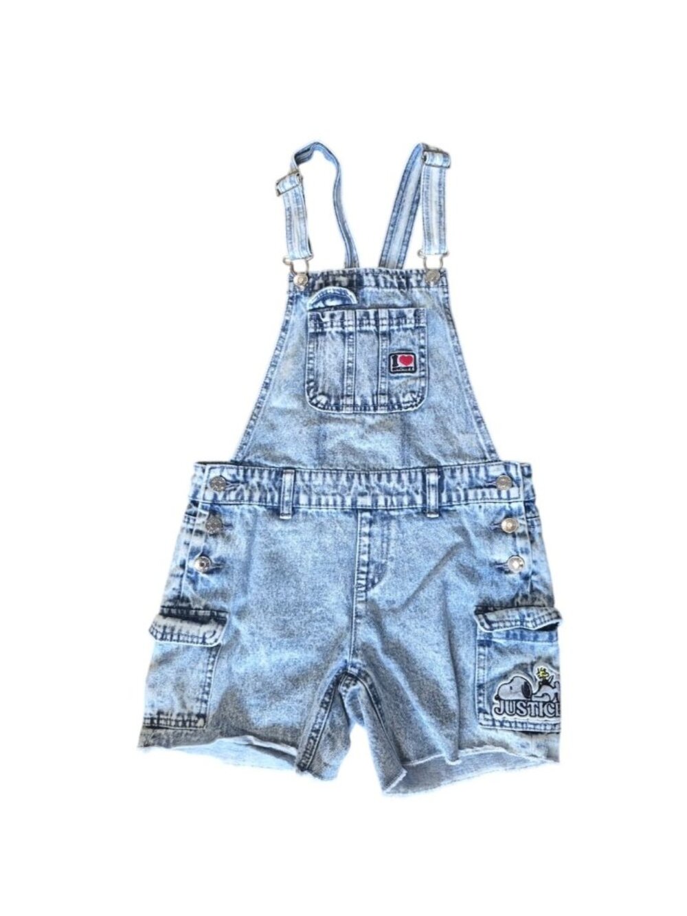 Justice Snoopy Girls Overall Shorts 12 Cotton Light Blue Denim Adjustable Straps